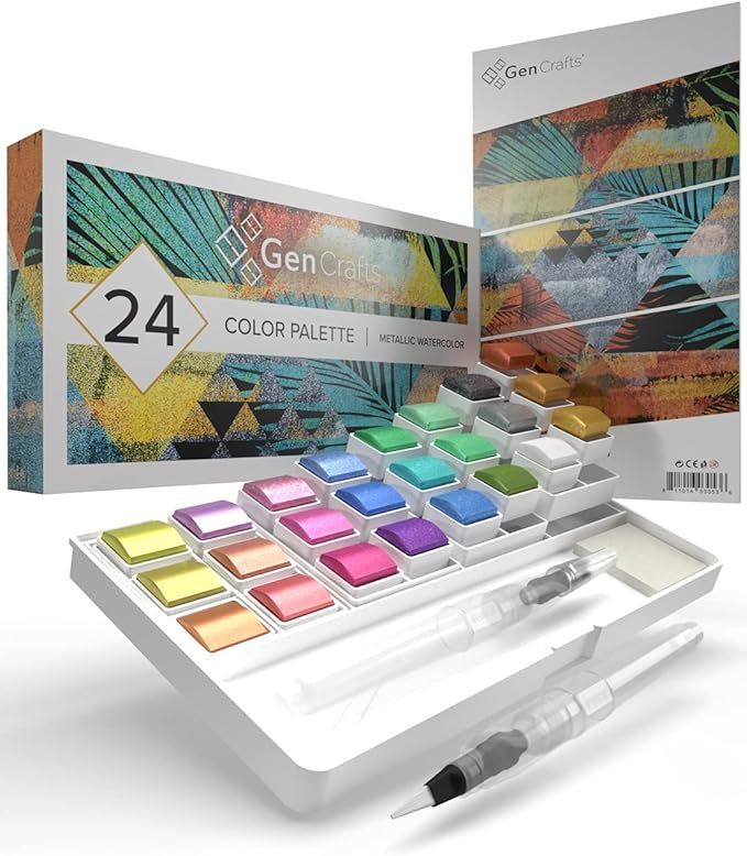 GenCrafts 24 Metallic Watercolor Palette with Paper pad - 2 Refilable Water Brush Pens - 15 Sheet... | Amazon (US)