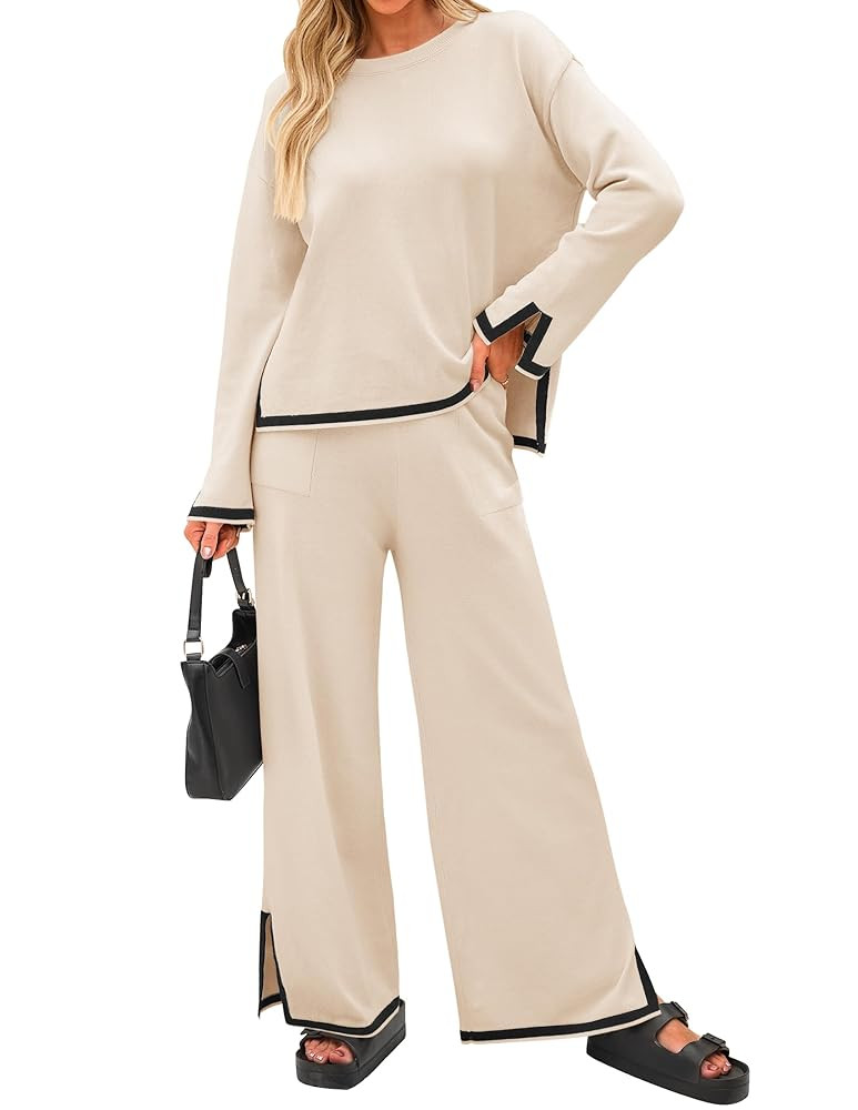 ZESICA Women's 2 Piece Outfits Set 2025 Casual Long Sleeve Knit Pullover Top and Wide Leg Pants S... | Amazon (US)