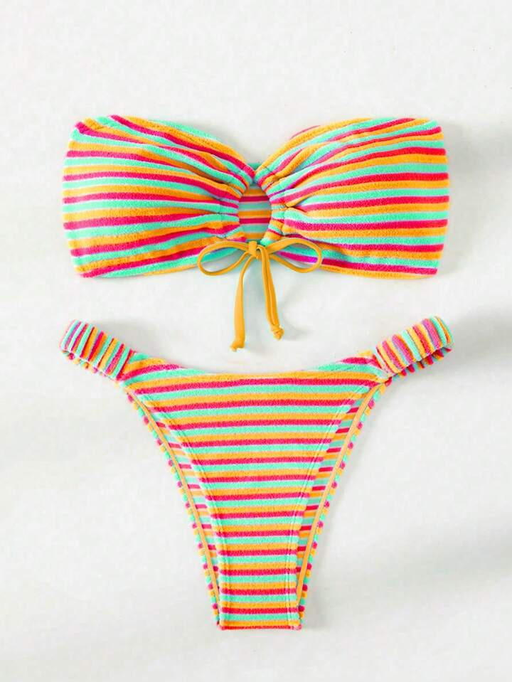 SHEIN Swim Mod Striped Bandeau Lace-Up Bikini Set For Summer Beach | SHEIN