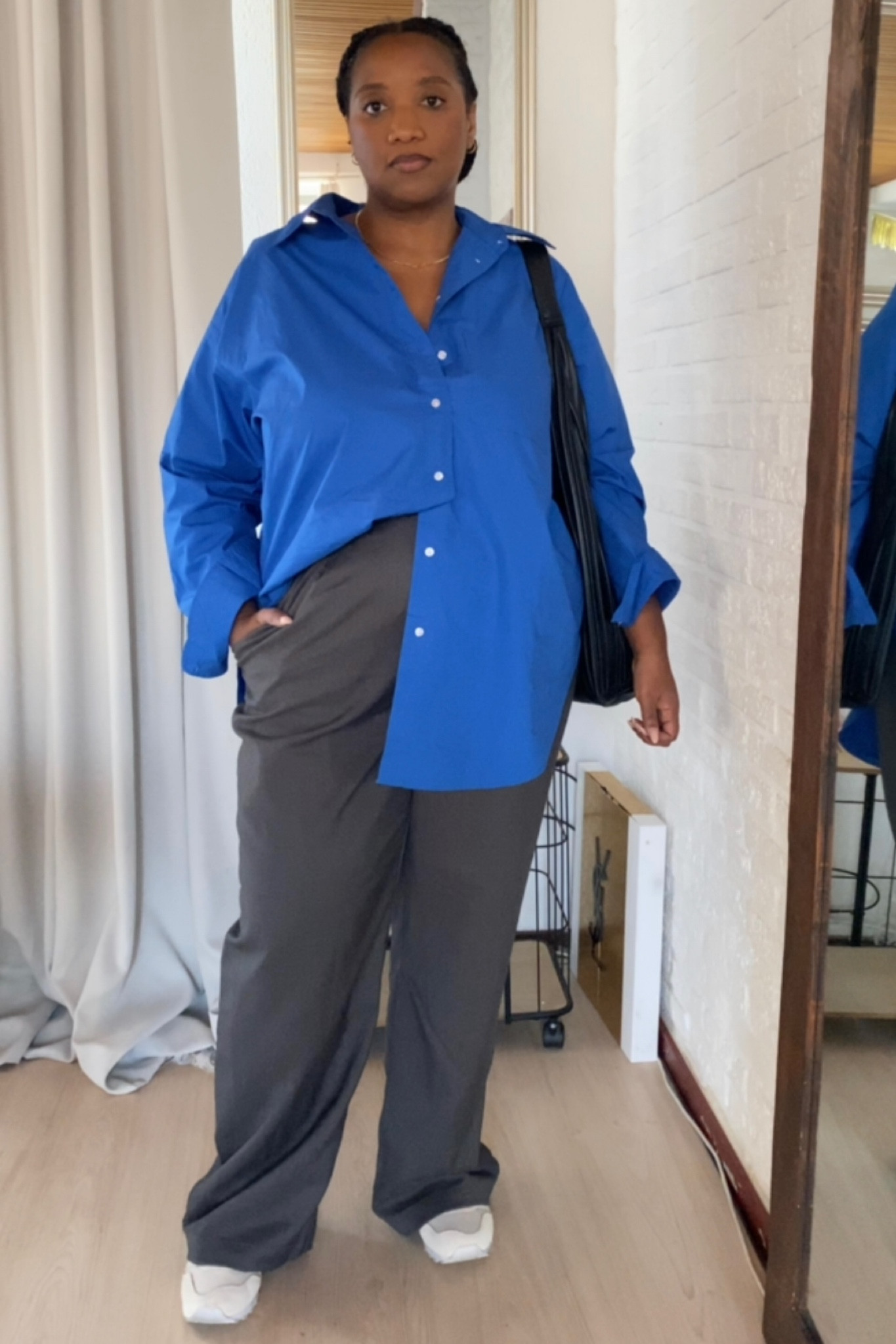 Royal blue comfy chic outfit, shirt, grey pants, new balance sneakers, black mango bag, 

#LTKeurope #LTKcurves #LTKstyletip