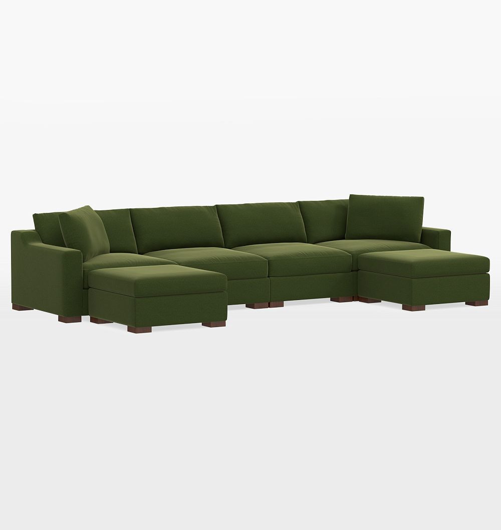Sublimity 6-Piece Double Ottoman Sectional Sofa, Luxe - Distressed Velvet Olive | Rejuvenation
