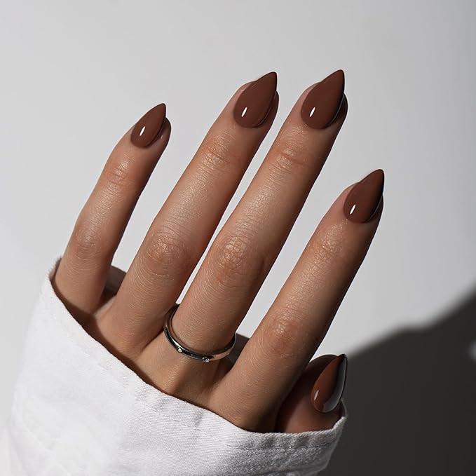 KQueenest Dark Brown Press On Nails Short - Acrylic Press On Nails Almond, Sheer Short Fake Nails... | Amazon (US)