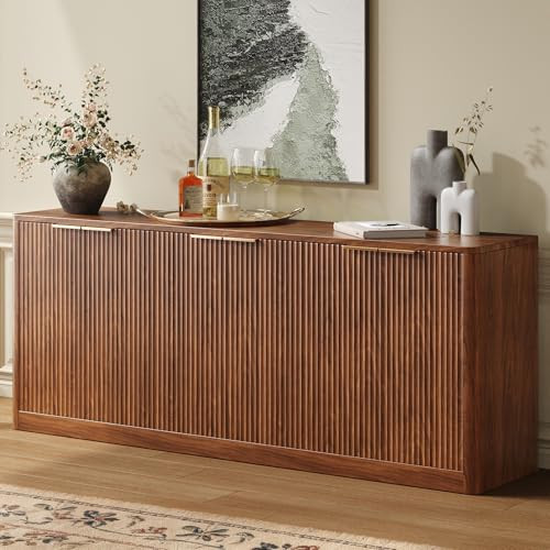 Evermagin 67" Fluted Walnut Buffet Cabinet Sideboard with Storage, Large Credenza with 6 Doors, Wood Mid Century Modern Sideboard for Kitchen and Living Room (67" W*31.5" H*15.7" D) | Amazon (US)