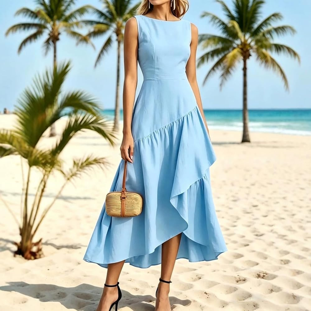 Women Summer Sleeveless Asymmetrical Ruffle Dress Round Neck High Low Hem Flowy A-Line Elegant Pa... | Amazon (US)