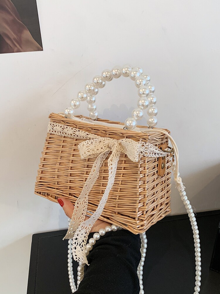 Mini Faux Pearl Beaded Bow Decor Straw Bag | SHEIN