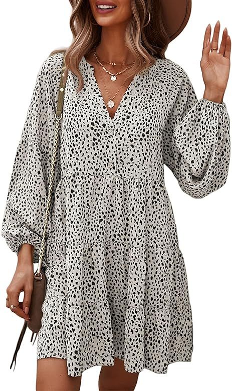 TEMOFON Women's Tunic Dress Leopard Floral Printed Long Sleeve Casual Loose V Neck Ruffle Swing M... | Amazon (US)