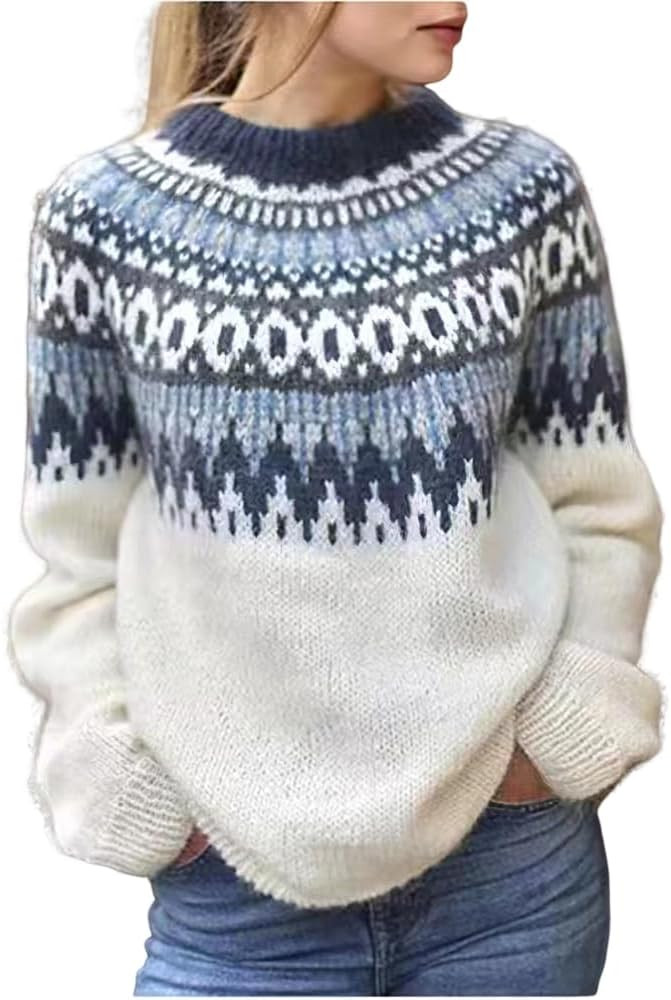 Womens Fall Vintage Fair Isle Sweater Casual Loose Long Sleeve Crewneck Knitted Pullover Sweater ... | Amazon (US)