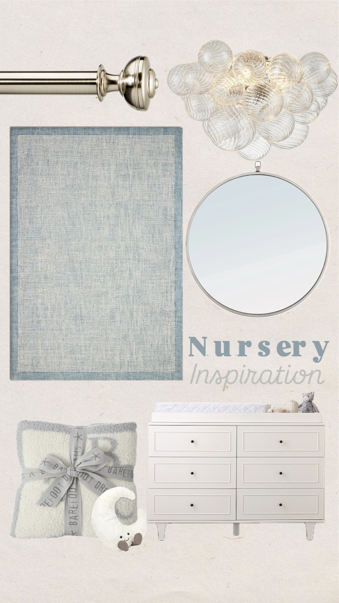 Nursery inspiration
Boy nursery
Baby boy nursery
Chandelier
Magnolia rug
Pottery barn dresser 
Barefoot dreams baby blanket
Jellycat stuffed moon
Curtain rods
Silver accents
Joss and main mirror
Interior design
Home decor