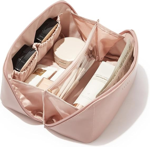 EACHY Travel Makeup Bag,Large Capacity Cosmetic Bags for Women,Waterproof Portable Pouch Open Fla... | Amazon (US)