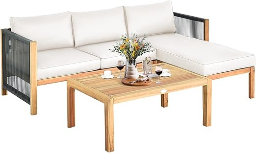 Tangkula L Shape Outdoor Furniture Set, 3 Piece Acacia Wood Patio Conversation Set, with 2 lovese... | Amazon (US)