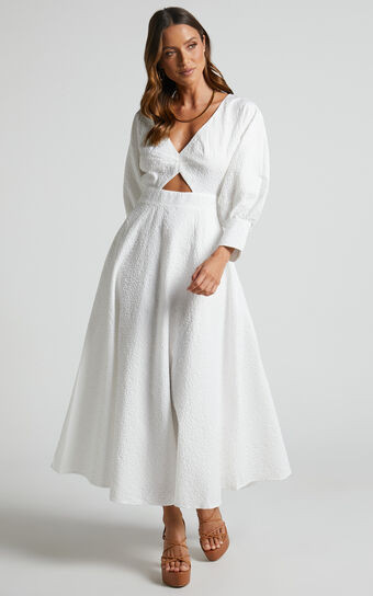 Ashtina Midi Dress - V Neck Cut Out Puff Sleeve Dress in White | Showpo (US, UK & Europe)