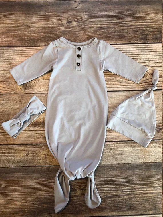 Gray Henley Gown, Baby Gown, Gown and Bow, Newborn baby, Baby shower gift, Coming home outfit, ne... | Etsy (US)