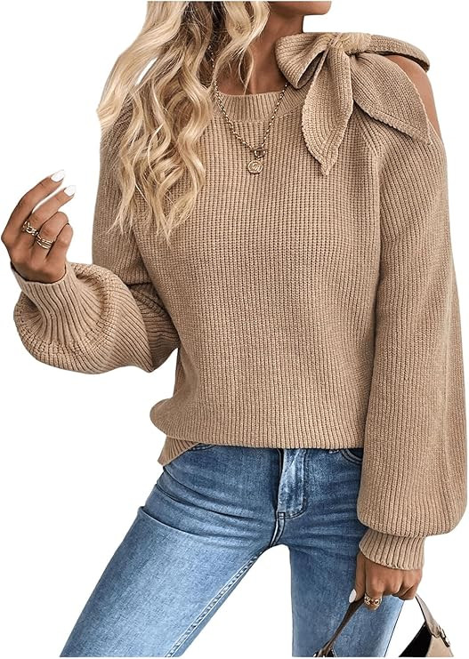GORGLITTER Women's Bow Sweater Long Sleeve Cut Out Tie Shoulder Vintage Chunky Cozy Knit Pullover... | Amazon (US)