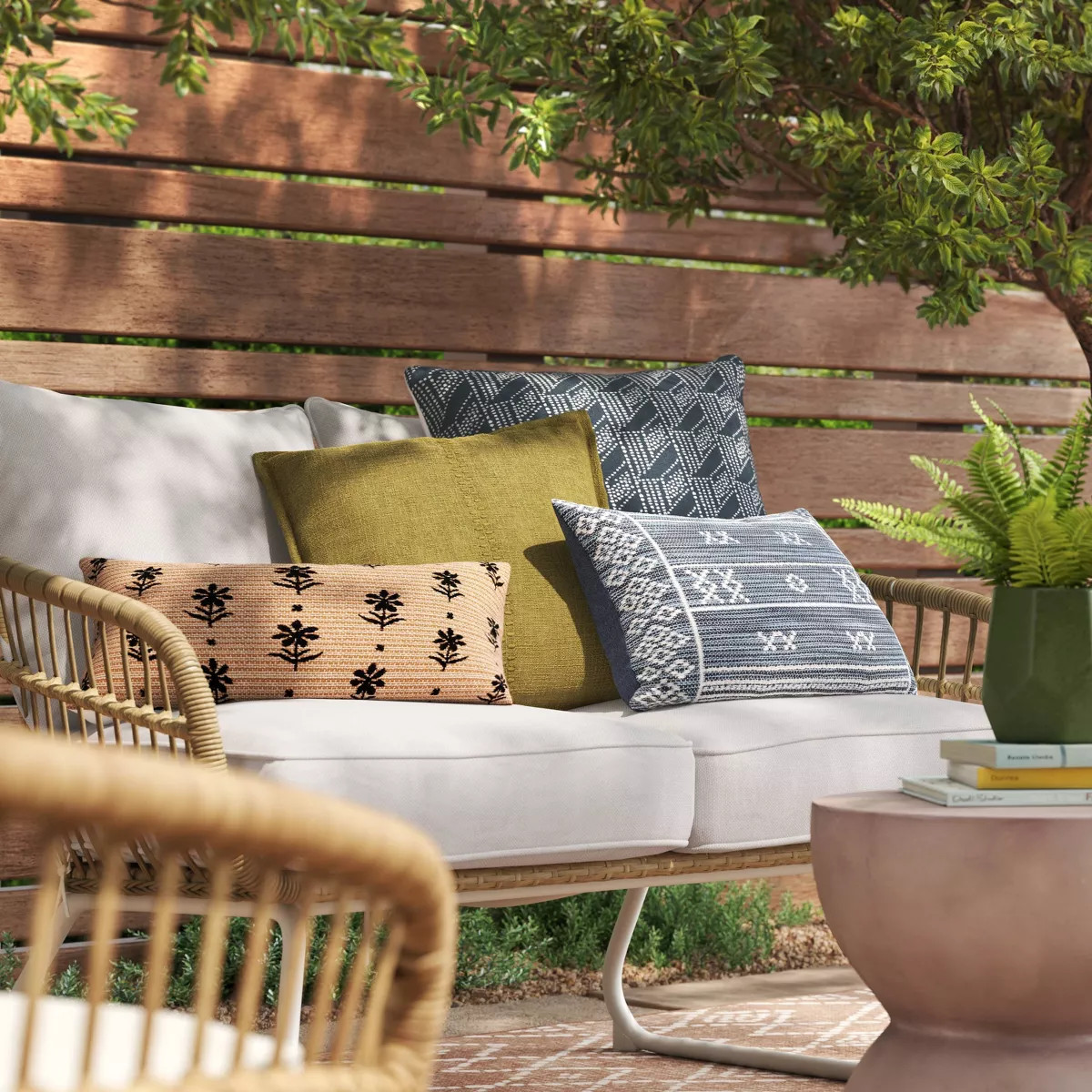 10"x20" Block Print Floral Outdoor Lumbar Pillow Beige - Threshold™ | Target