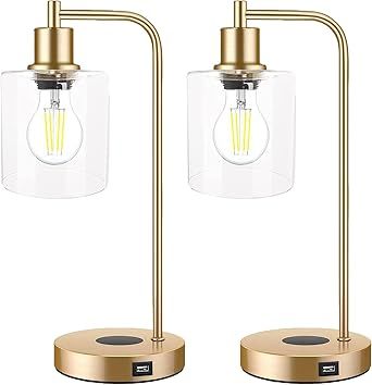 liveMAX Set of 2 Wireless Charging Industrial Desk Lights, Gold Three Way Touch dimmable Desk Lig... | Amazon (US)