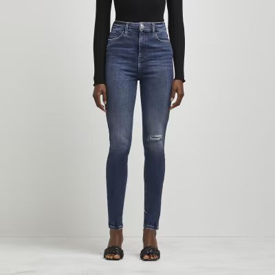 Blue ripped high waisted skinny jeans | River Island (UK & IE)