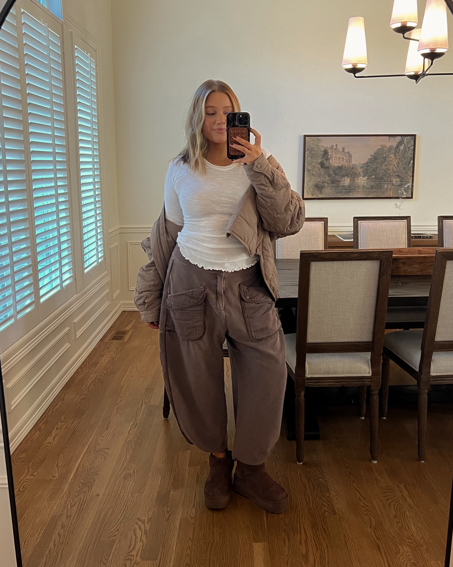 Sized up 1 to a L for white shirt, FP movement packable puffer jacket is true to size M and so many colors it’s so cozy and warm. Pants are true to size and I love this soft barrel leg pant great option aside from leggings! 

FPmovement, fall style, athleisure 