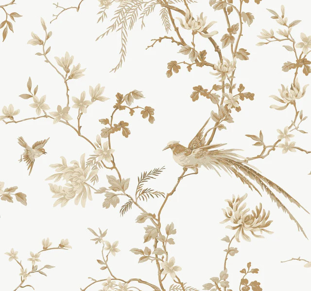 Ronald Redding Designs Bird & Blossom Chinoserie White & Gold Wallpape | DecoratorsBest