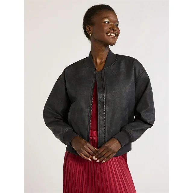 Scoop Women’s Distressed Faux Leather Cropped Bomber Jacket, Sizes XS-XXL | Walmart (US)