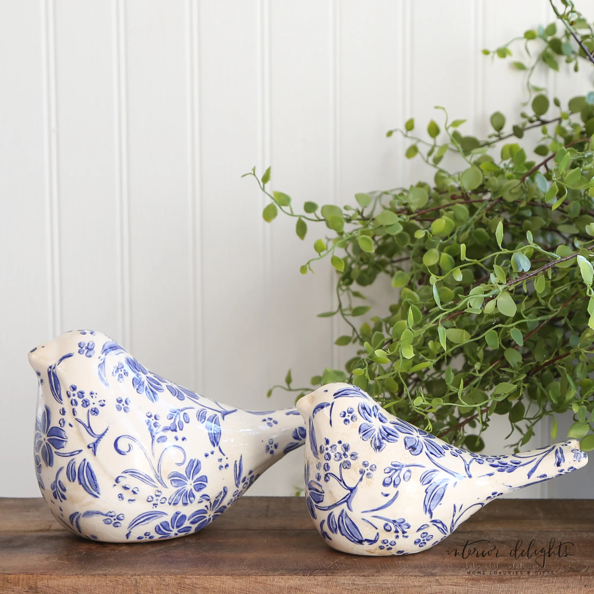 Ceramic Blue Floral Birds- Set of 2 | Interior Delights
