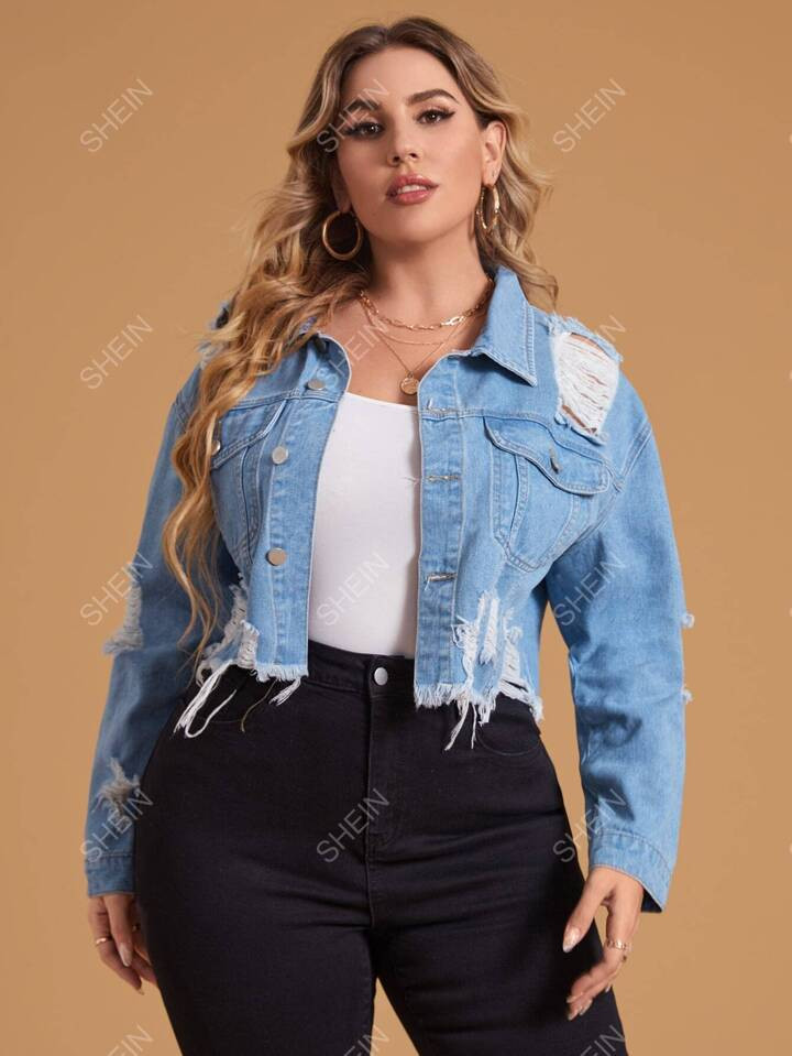 SHEIN Essnce Plus Ripped Frayed Hem Drop Shoulder Denim Jacket | SHEIN