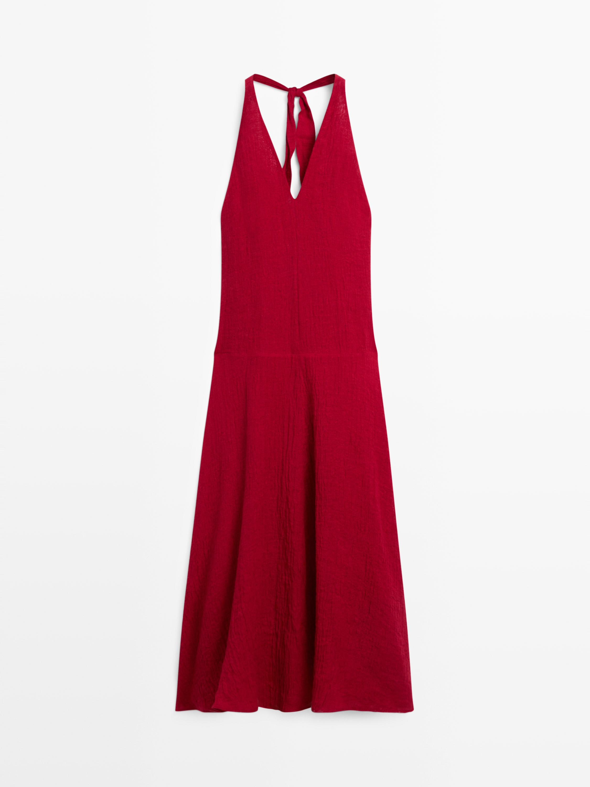 Long 100% linen dress with neckline detail \u00b7 Red \u00b7 Dress | Massimo Dutti | Massimo Dutti US