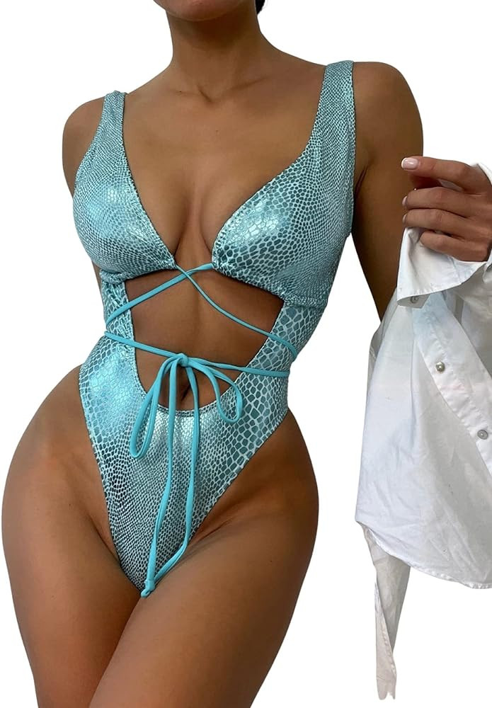 Women's Metallic Snakeskin One Piece Swimsuits Rave Outfit Bathing Suits | Amazon (US)