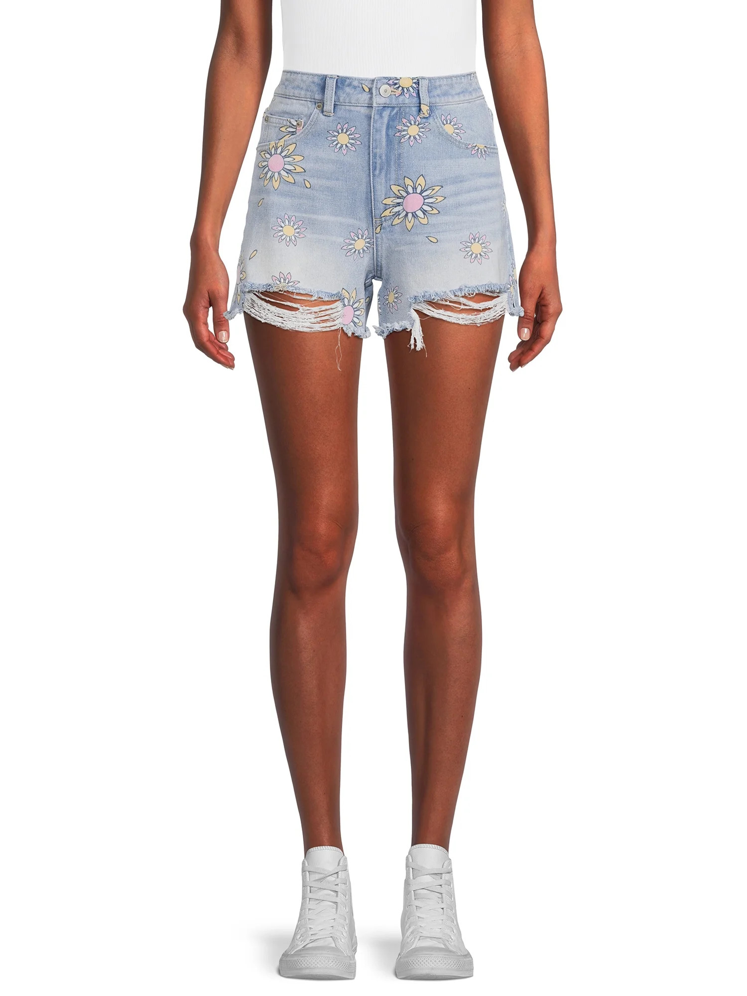 No Boundaries Juniors’ High Rise Destructed Midi Denim Shorts | Walmart (US)