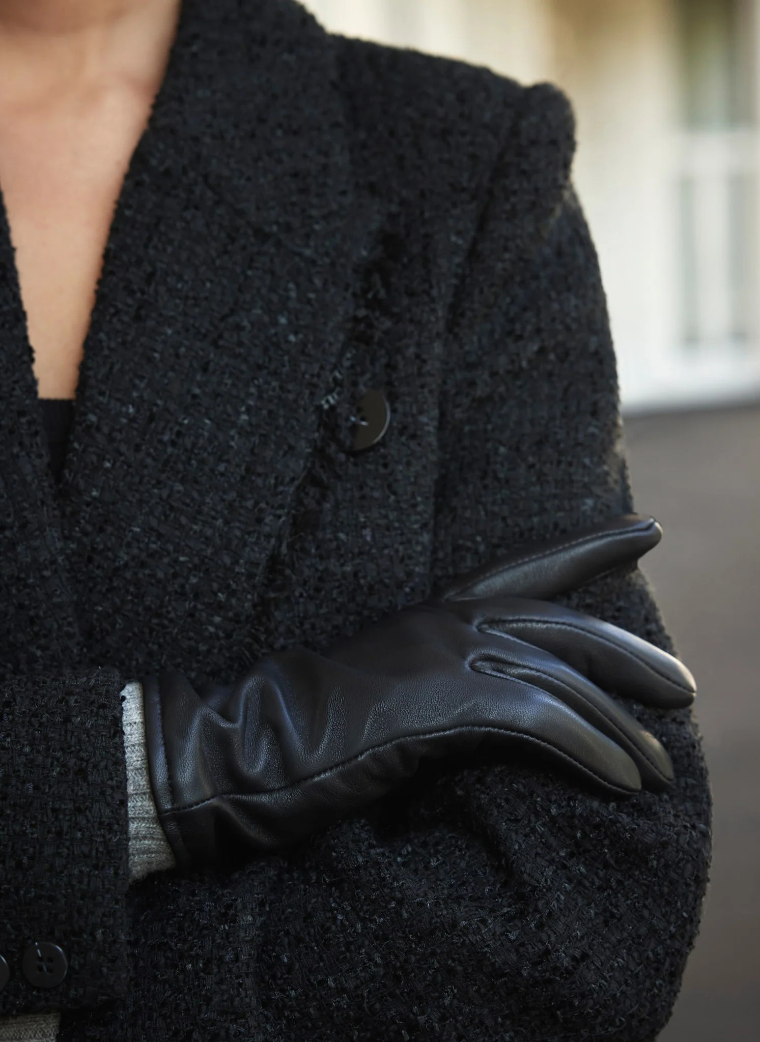 Black Leather Knit Trim Gloves | Mint Velvet