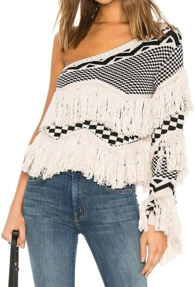 OCUH Off The Shoulder Sweater Top Off Shoulder Knitted Jumpers Women Pullovers Fringe Sweaters fo... | Amazon (US)
