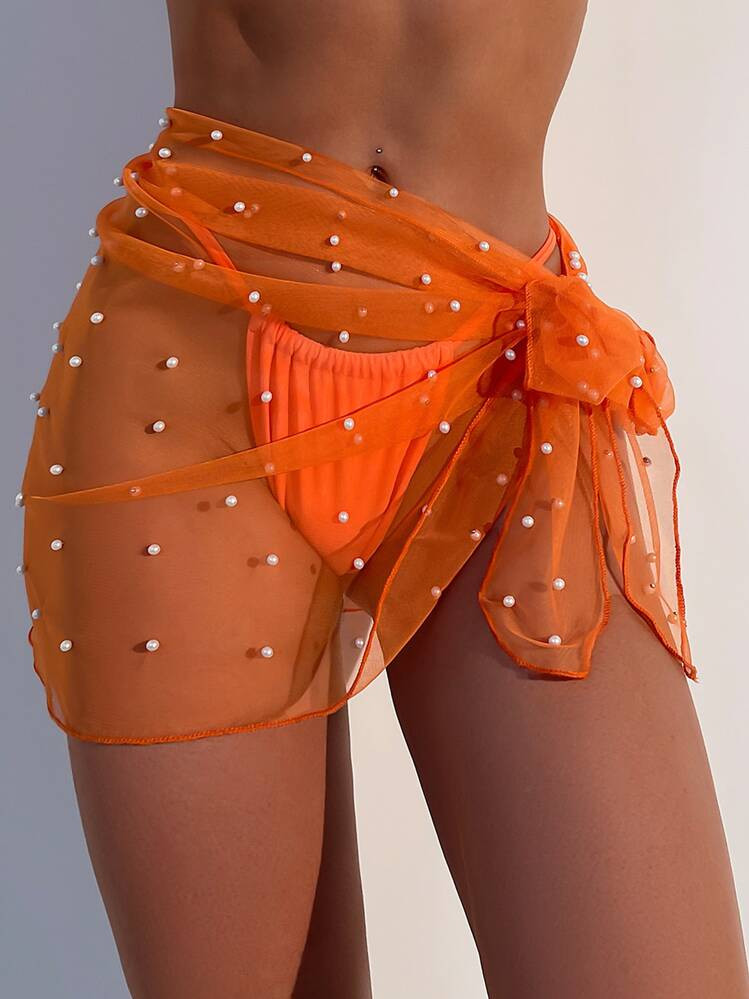 SHEIN Swim Summer Beach Faux Pearl Decor Knot Side Sheer Cover Up Skirt Without Bikini | SHEIN