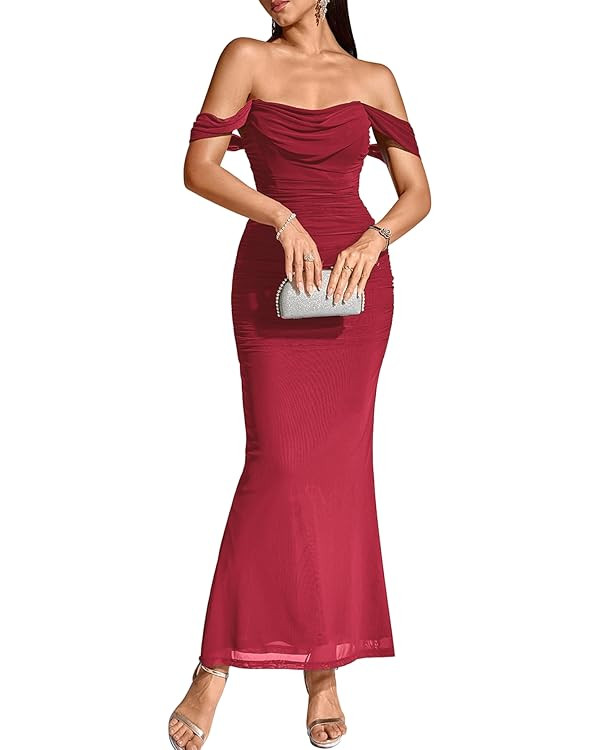 KUTUMAI Off The Shoulder Maxi Long Dress, Bodycon Ruched Corset | Amazon (US)