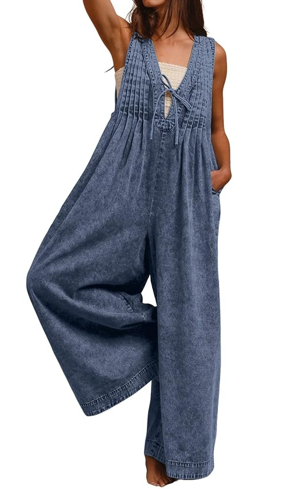 loveimgs Women Flowy Sleeveless Jean Jumpsuit Wide Leg Overalls Baggy Pleated Ruffle Tank Romper ... | Amazon (US)