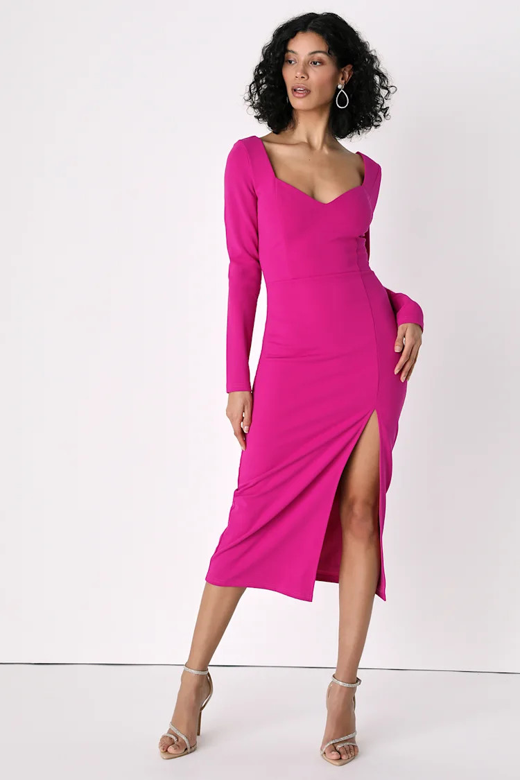 Fierce Cutie Magenta Long Sleeve Bodycon Midi Dress | Lulus (US)