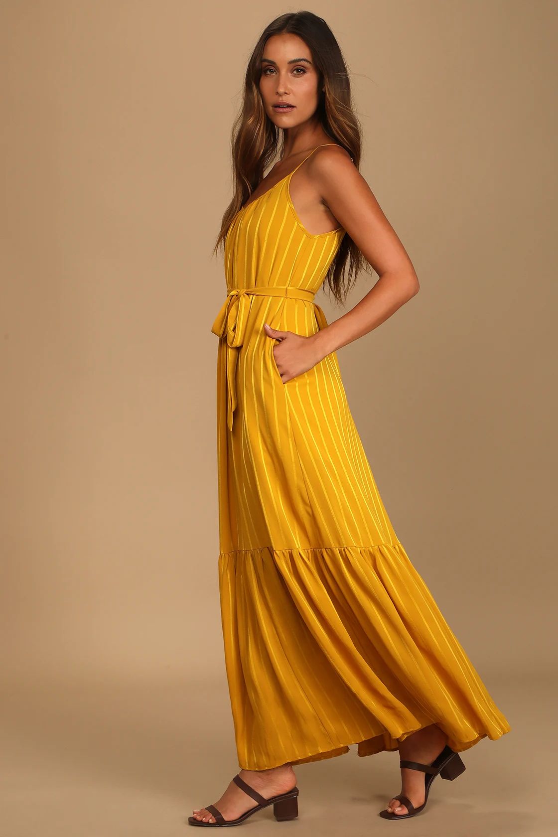 Collecting Moments Mustard Yellow Striped Tiered Maxi Dress | Lulus (US)