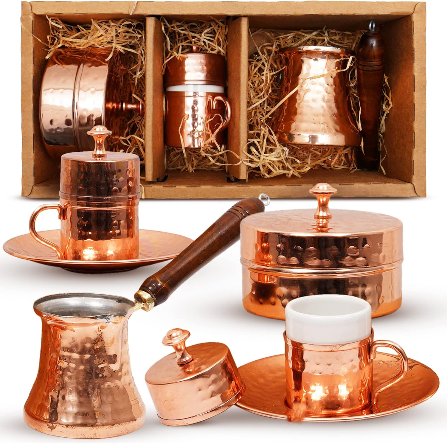 Turkish Coffee Set – Turkish Coffee Maker Set w/ 2 Cups, Sugar Dish, Copper Turkish Coffee Pot (Cezv | Amazon (US)