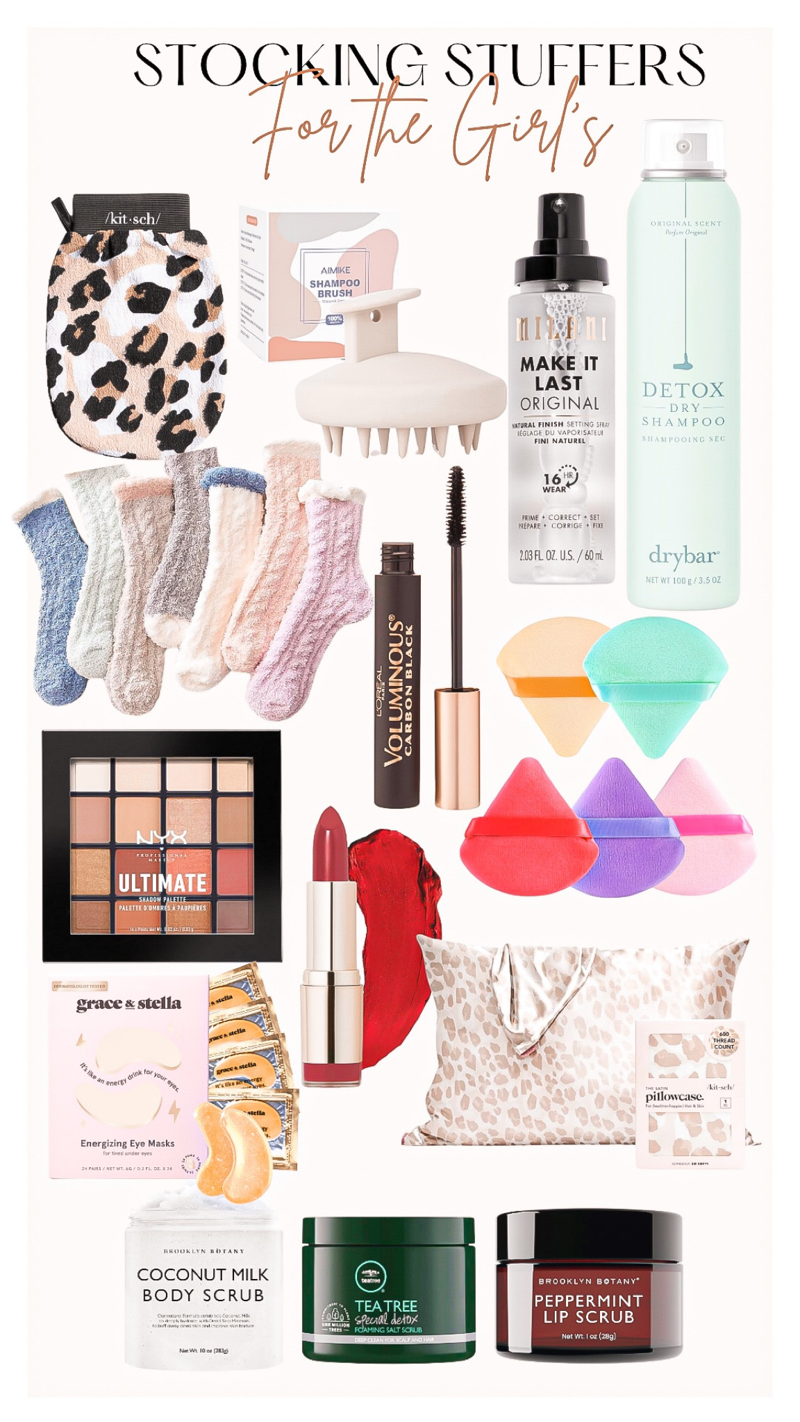 Amazon stocking stuffers 
For the Girls 🎁🎄💕

Kitsch scrub mit, scalp scrubbed, dry shampo, setting spray, Milani cosmetics, cozy socks, fuzzy socks, nyx cosmetics , nyx eyeshadow, loreal mascara, under eye puff powder, Milani lipstick, kitsch silk pillowcase, eye patches,  body scrub, lip scrub

#LTKHoliday #LTKfindsunder50 #LTKGiftGuide