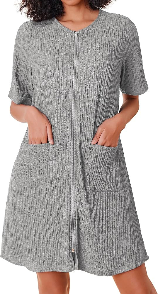 Ekouaer Women Zipper Robe Short Sleeves House Dress Knit Short Bathrobe Sleepwear with Pockets Ho... | Amazon (US)