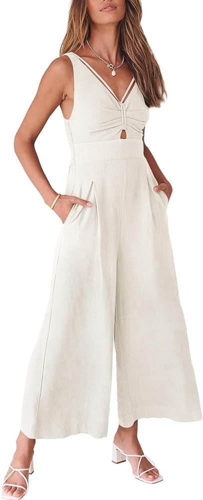 ANRABESS Women's Summer Linen Jumpsuits Casual V Neck Sleevelesss High Waist Wide Leg Rompers Vac... | Amazon (US)