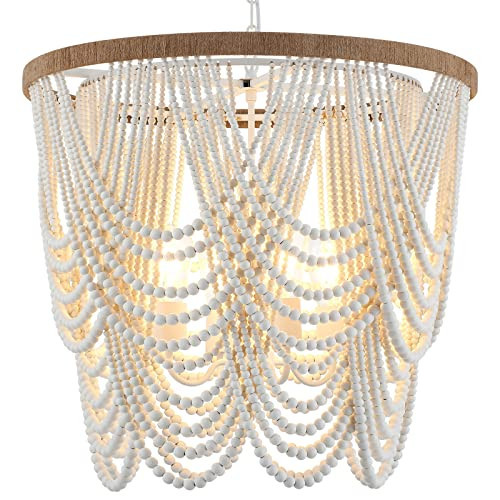 ELYCCUPA 26” Boho Wood Beaded Chandelier Rustic Farmhouse Pendant Light 4-Lights Large Coastal Chandelier for Living Room Dining Room Foyer Entryway Bedroom, Oak White, E26, UL Listed | Amazon (US)