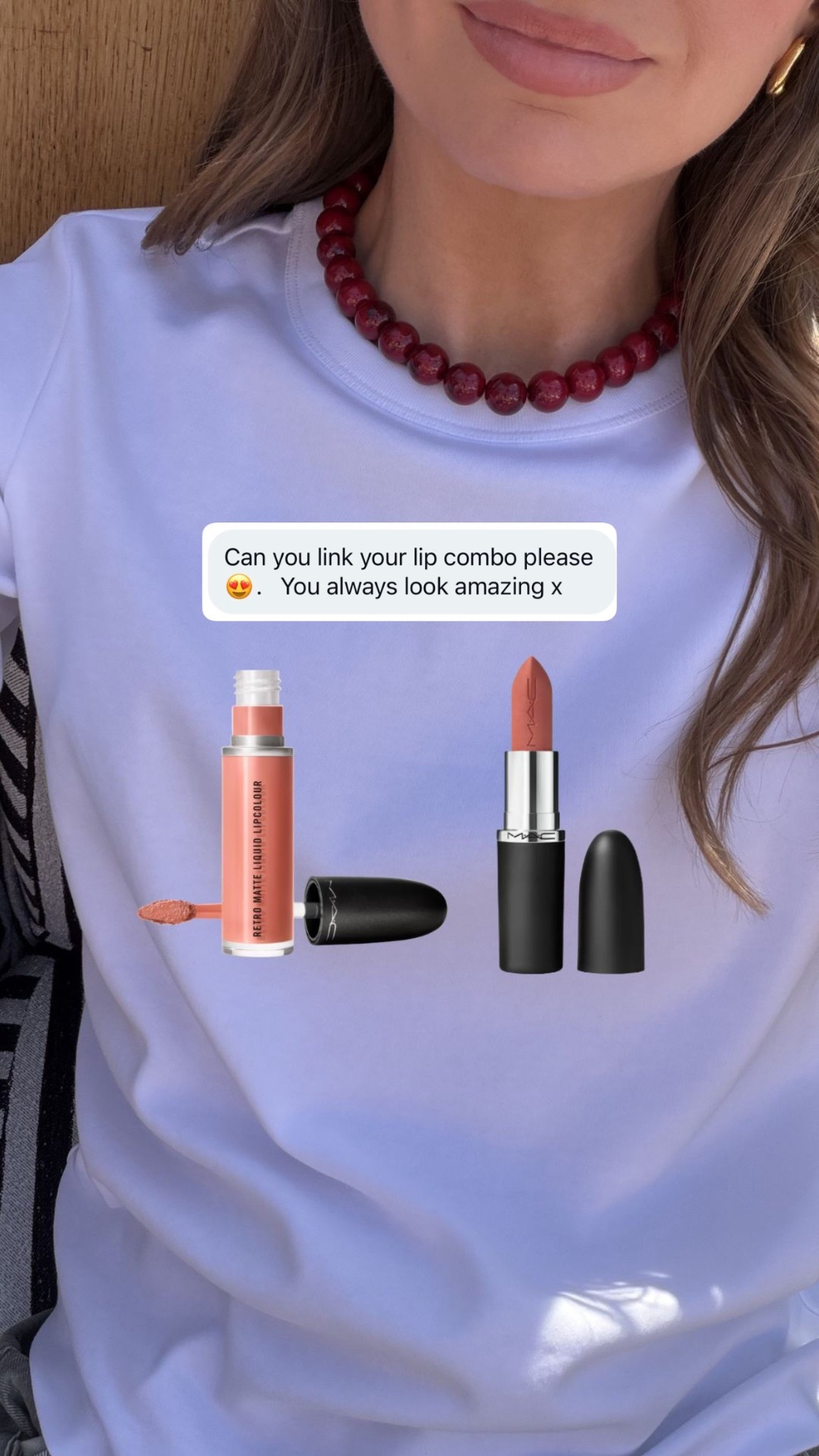 My go-to lip combo
First: Mac liquid lip in ‘lady be good’
Then, Mac lipstick in ‘kinda sexy’

Small in the UNIQLO smooth stretch cotton t-shirt
Necklace is & other stories but sold out so I’ve linked similar 

#LTKspring #LTKsummer #LTKuk