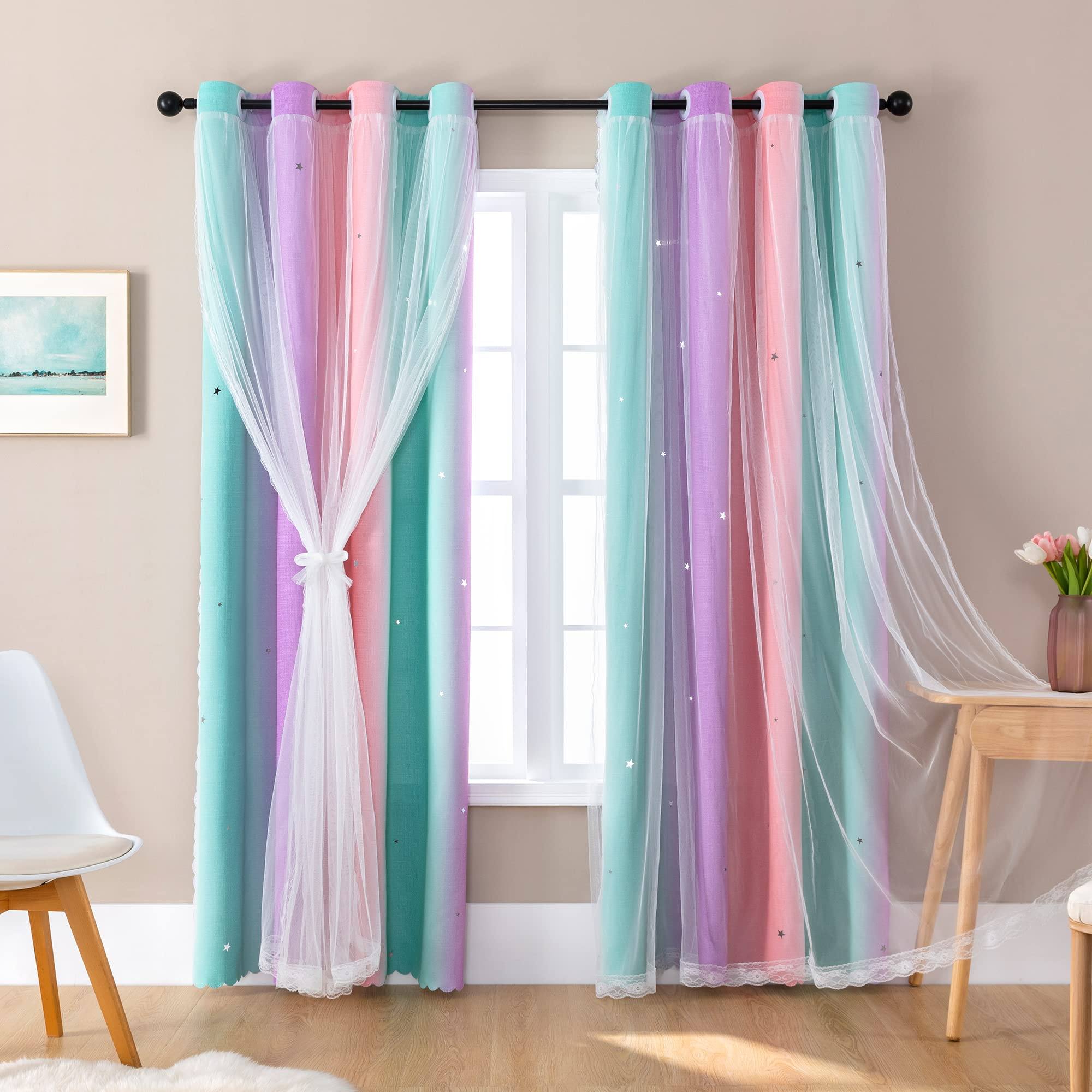XiDi Curtains for Girls Bedroom Decor, Rainbow Blackout Curtains for Kids Room Decor, Purple for ... | Amazon (US)
