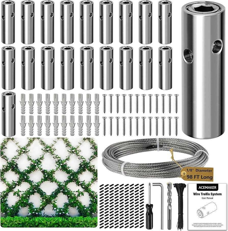 Wire Trellis for Climbing Plants Outdoor, 20 Sets Wall Wire Trellis Kit with 1/8in x 98ft Wire Ro... | Amazon (US)