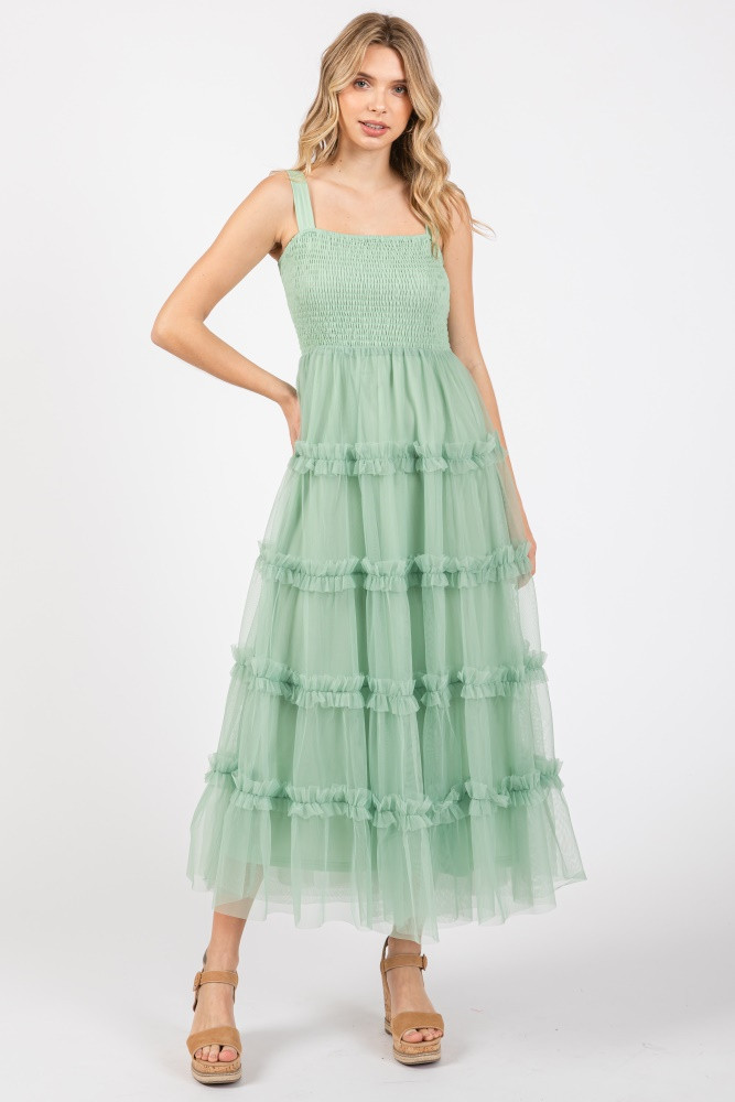 Mint Green Smocked Ruffle Tiered Tulle Midi Dress | PinkBlush Maternity
