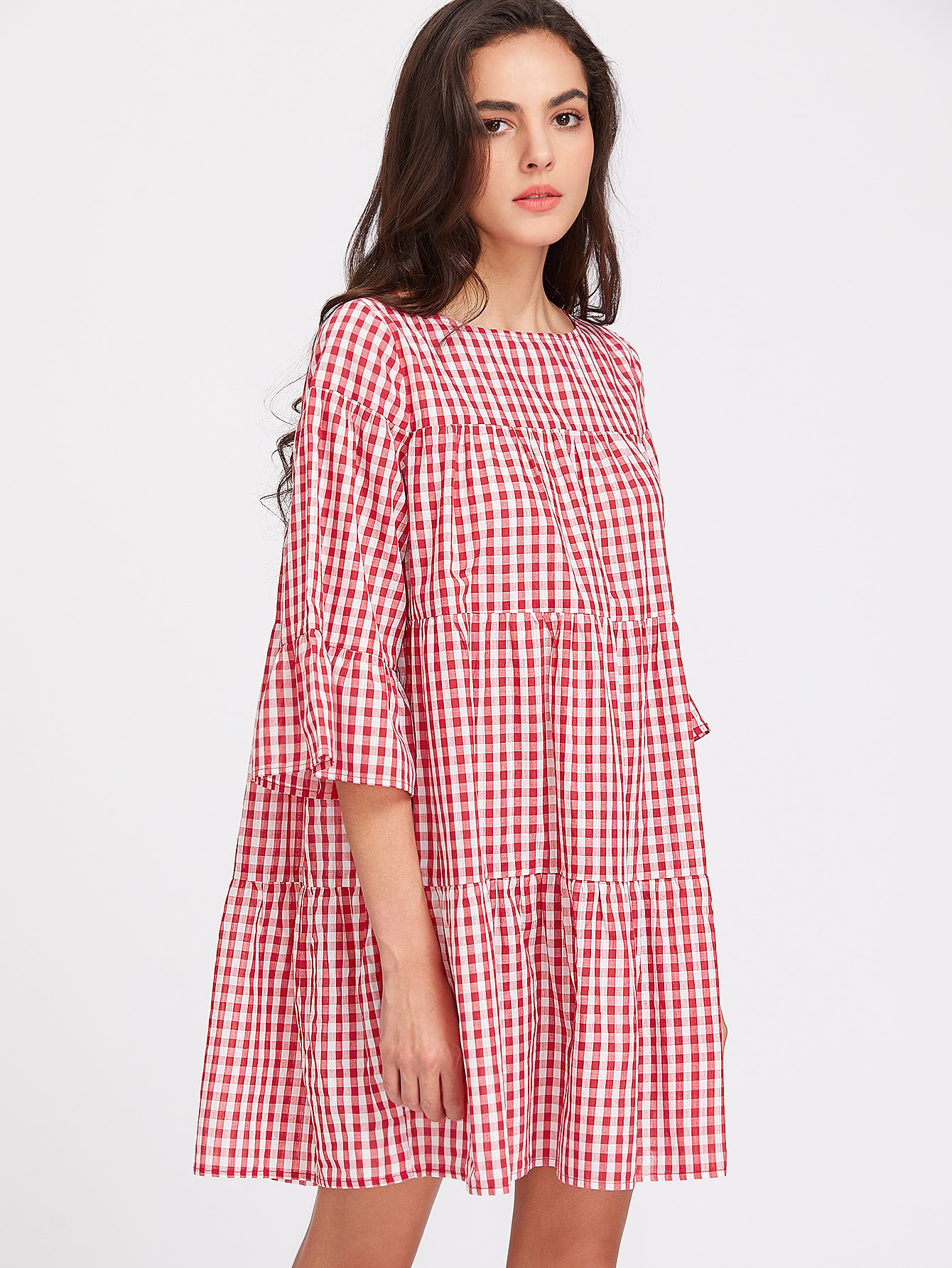 3/4 Sleeve Tiered Gingham Tent Dress | SHEIN