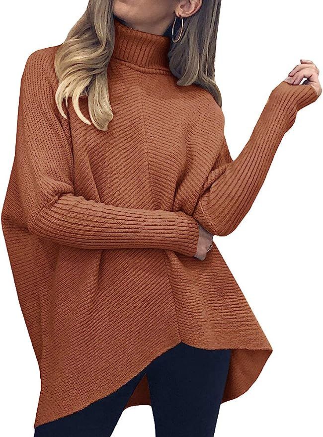Nulibenna Womens Turtleneck Long Batwing Sleeve Knit Sweater Asymmetric Hem Chunky Pullover Winte... | Amazon (US)