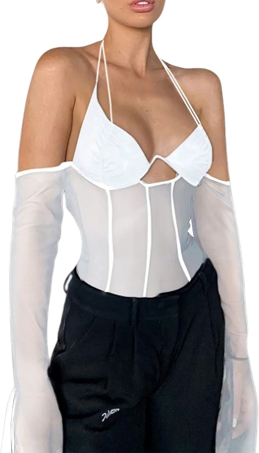 Remidoo Women's Sheer Mesh Long Sleeve Halter Crop Top Backless Bustier Corset Blouse Shirt White... | Amazon (US)