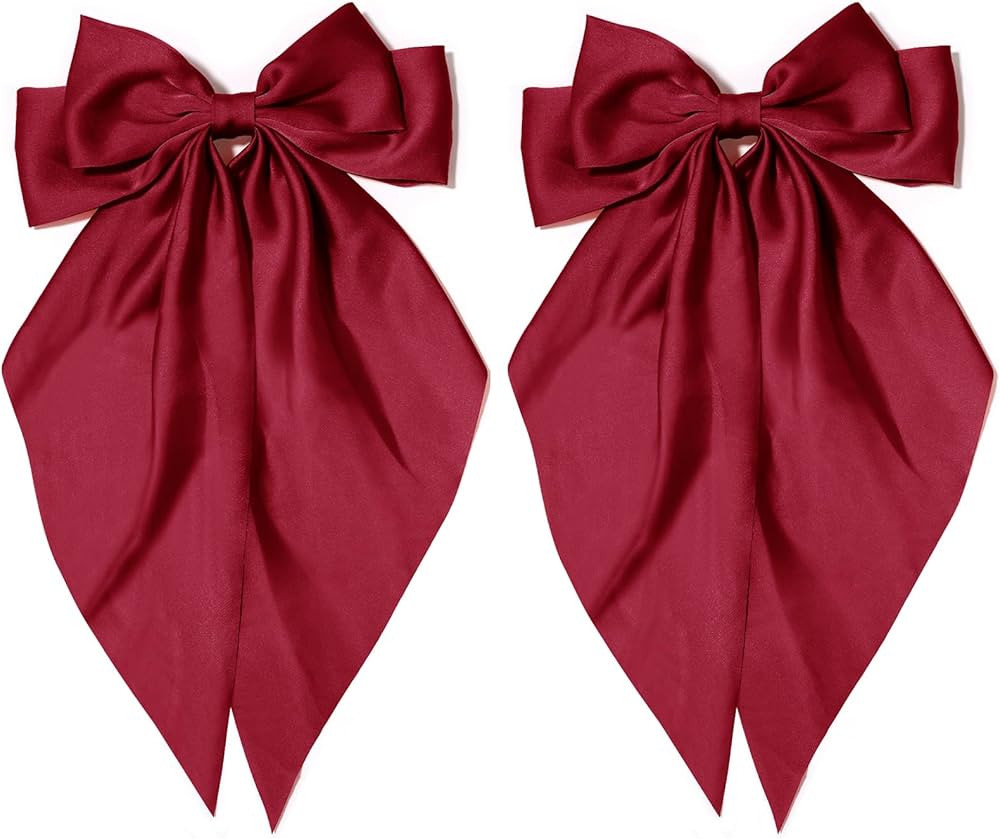 2PCS Big Oversized Silky Satin Hair Bows with Long Tail Ribbon for Women and Girls | Amazon (US)