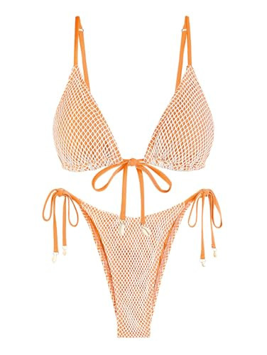 ZAFUL Women Triangle String Two Piece Bikini Fishnet Mesh Tie Shell Decor Tanga 2 Piece Swimsuit Orange S | Amazon (US)