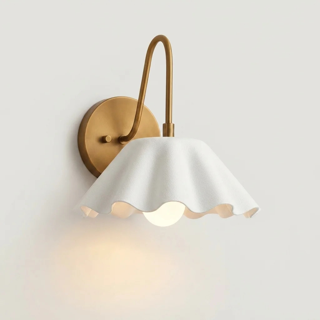Modern Wall Sconce, Gooseneck Brass Wall Light with Scalloped Ruffle Shade, Vintage Wavy Fabric-Look Lamp for Bedroom Living Room, Colorful Options Available - Walmart.com | Walmart (US)
